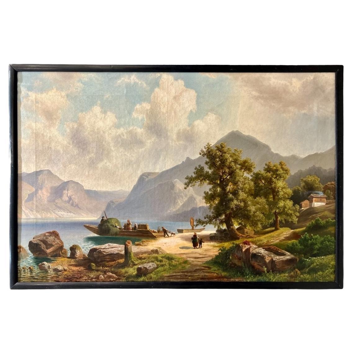 19th Century Oil-on-Canvas Painting of Mountains by Theodore Nocken (1830-1905) For Sale
