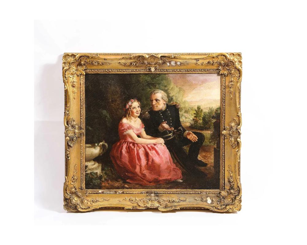 19th century oil on canvas painting of officer and a lady, American School 
very well executed 
in great condition frame has some minor losses to the guilding and some missing parts but its ready to hang 
Please see all photos

Size is