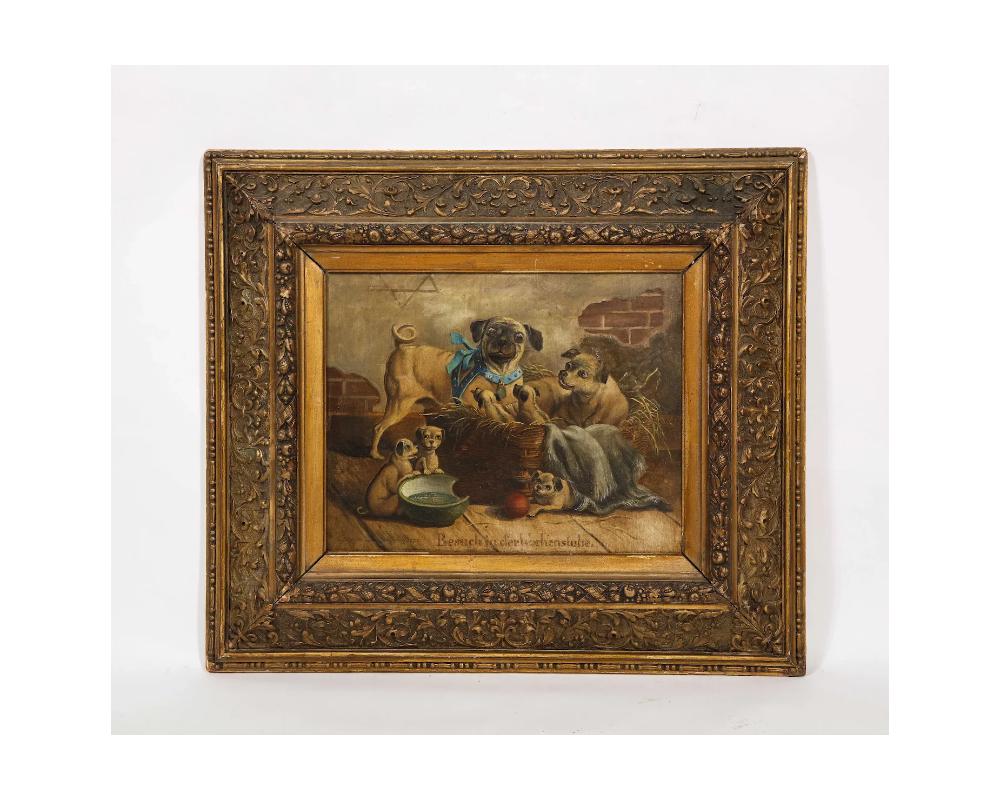 19th Century oil on canvas painting of pugs, dogs visit to the nursery, German School signed.
This is a beautiful fun painting of pugs and dogs very cute painting ready to hang.
Oil on canvas 
Signed 