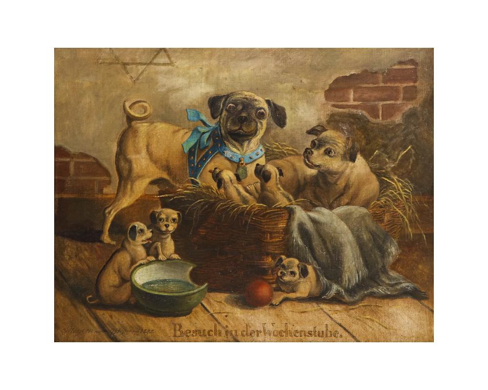 Unknown 19th Century Oil on Canvas Painting of Pugs, Dogs Visit to the Nursery, German S