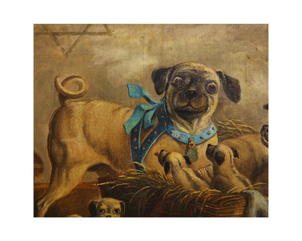19th Century Oil on Canvas Painting of Pugs, Dogs Visit to the Nursery, German S 2