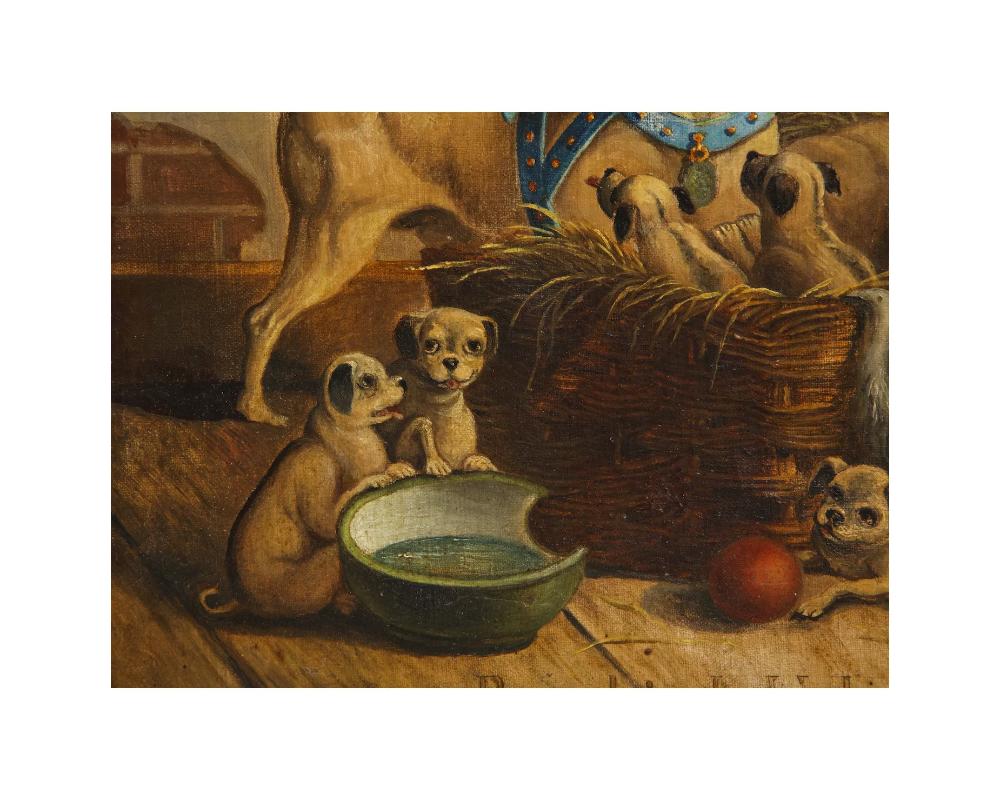 19th Century Oil on Canvas Painting of Pugs, Dogs Visit to the Nursery, German S 3