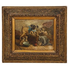Antique 19th Century Oil on Canvas Painting of Pugs, Dogs Visit to the Nursery, German S