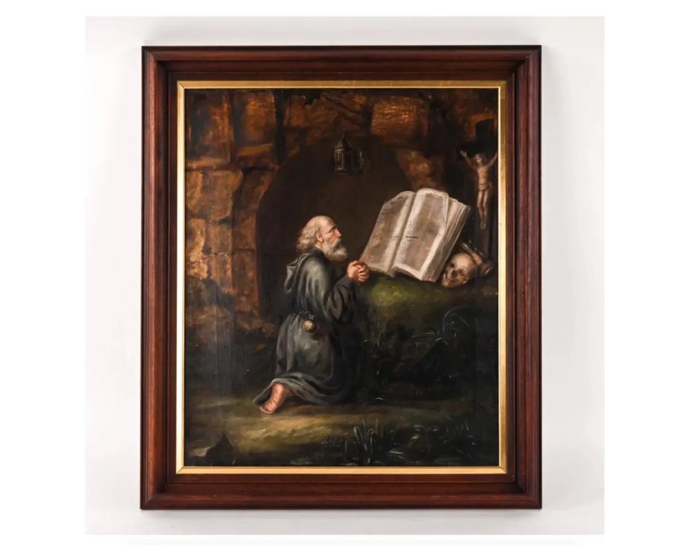 19th Century oil on canvas painting of St. Jerome Praying

unsigned. Dimensions: (Frame) H 31.25