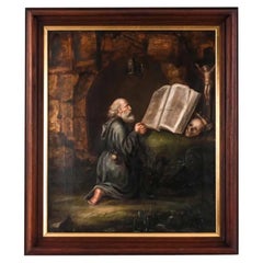 Antique 19th Century Oil on Canvas Painting of Saint Jerome Praying
