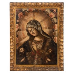 19th Century Oil on Canvas Painting of the Virgin Mary 'Cusco, Peru'