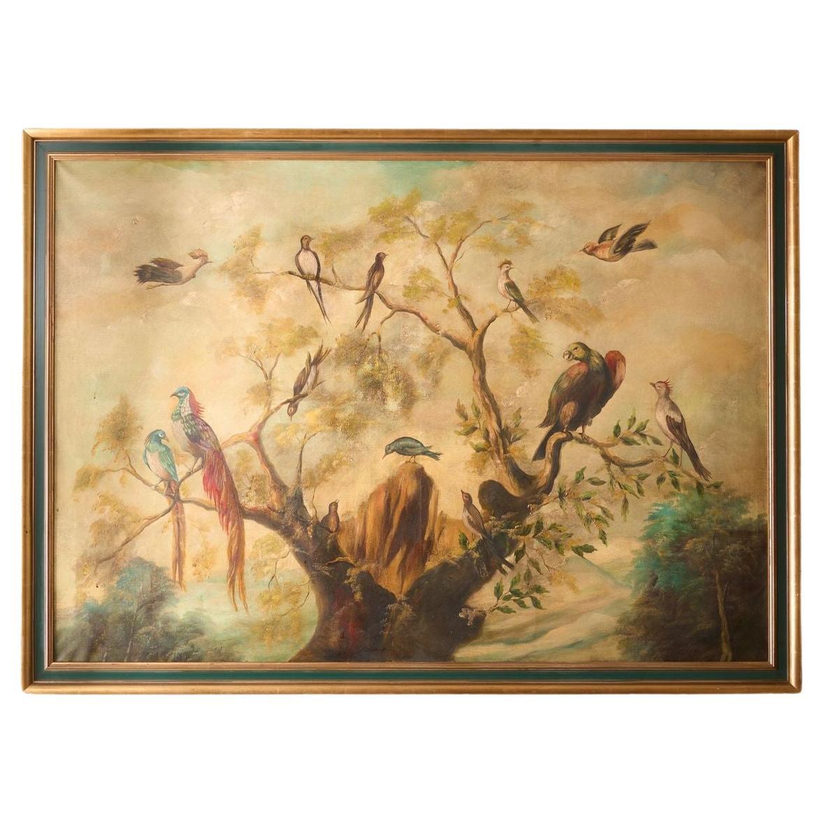 19th century Oil on canvas painting of tropical birds