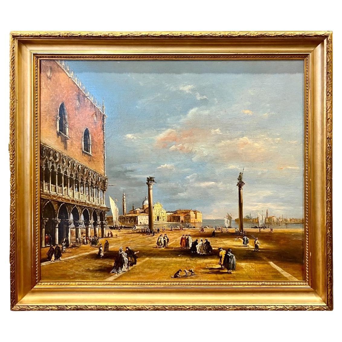 Peinture à l'huile sur toile du 19ème siècle de Venise dans le style de Canaletto