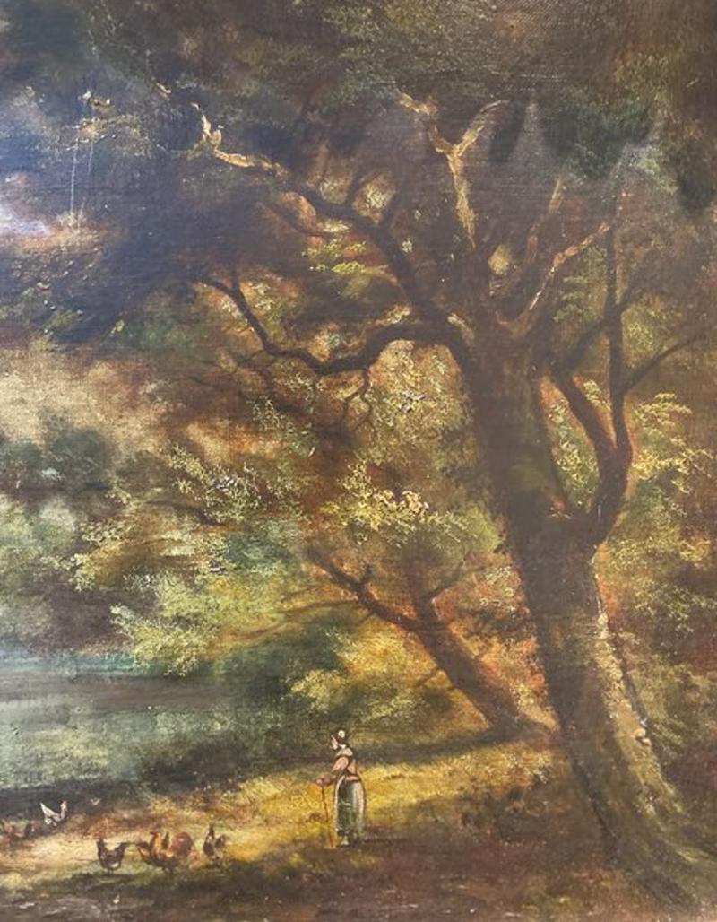 19th century oil on canvas painting of woman with chickens in landscape.
Measures: 20.5