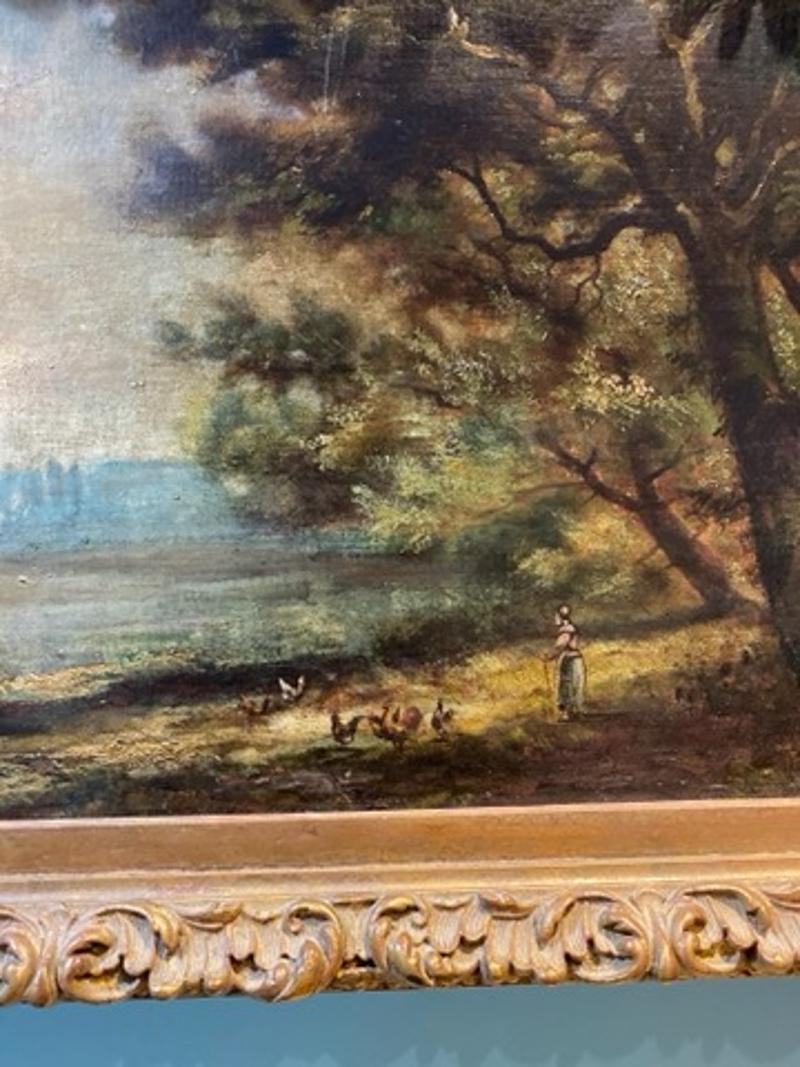 Unknown 19th Century Oil on Canvas Painting of Woman with Chickens in Landscape For Sale
