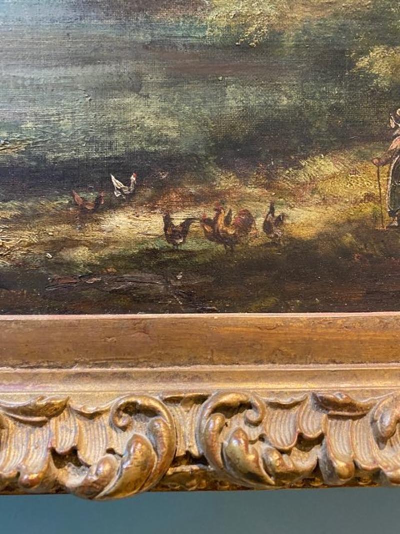 19th Century Oil on Canvas Painting of Woman with Chickens in Landscape In Good Condition For Sale In Middleburg, VA