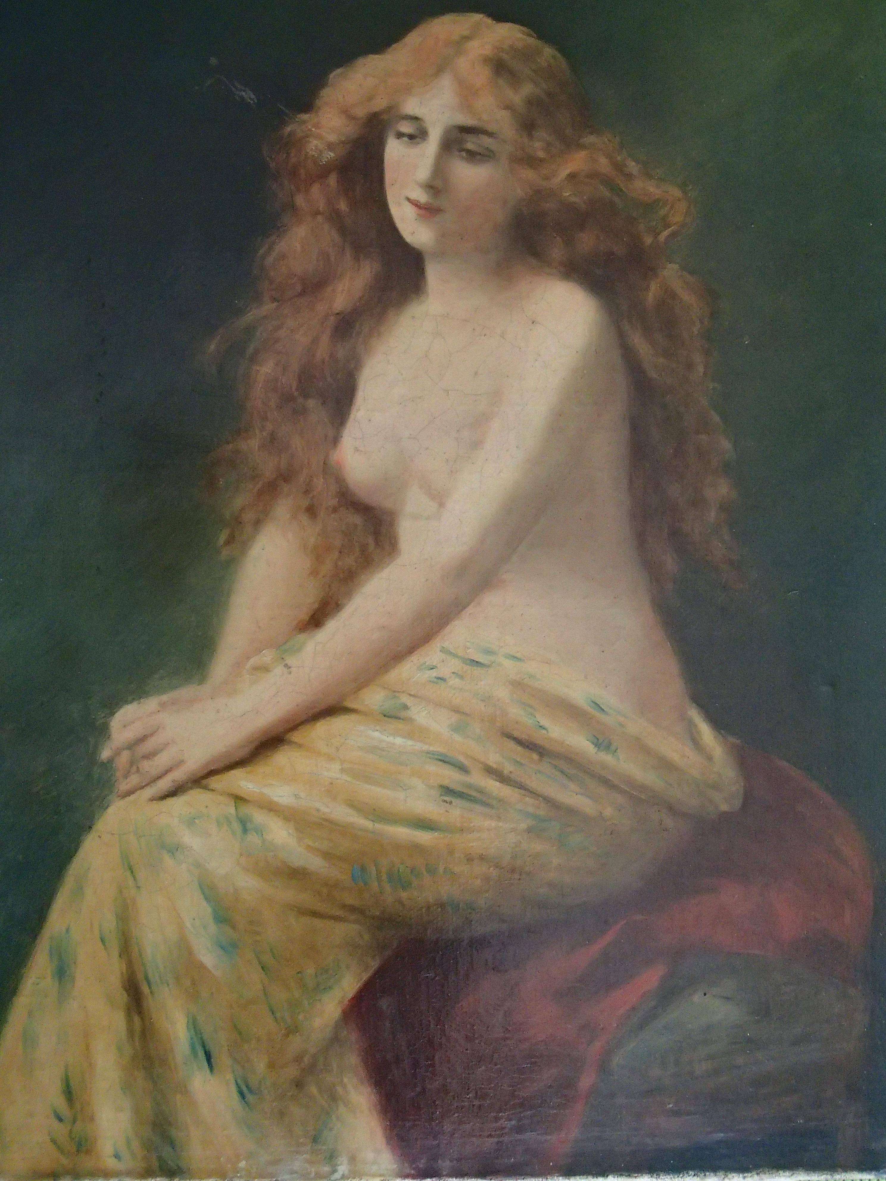 Pittura olio su tela del XIX secolo Giovane donna con capelli rossi mezza nuda in vendita 4