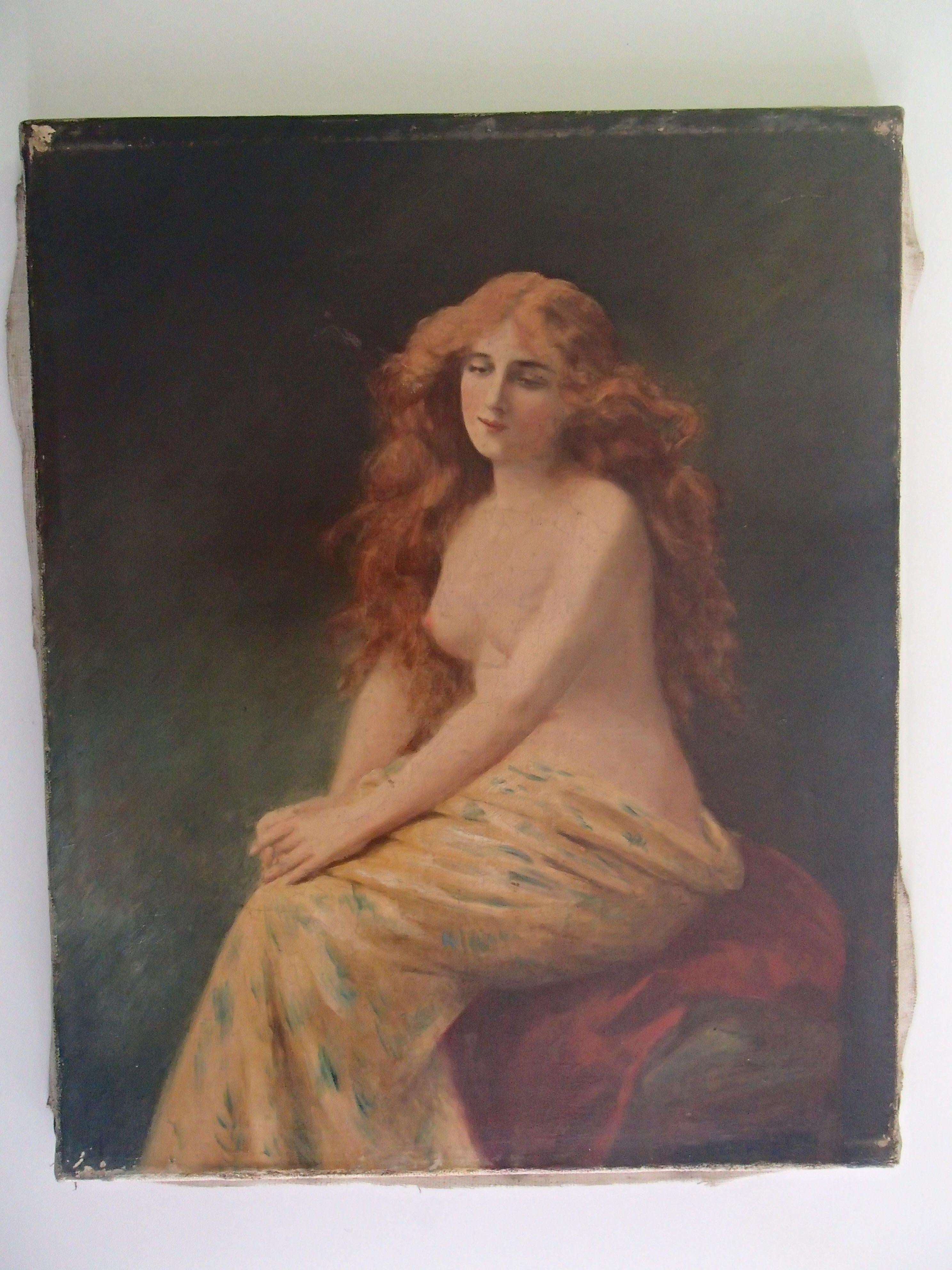 19. Jahrhundert, Öl auf Leinwand, Gemälde einer jungen Dame mit rotem Haar, halber Akt im Angebot 9