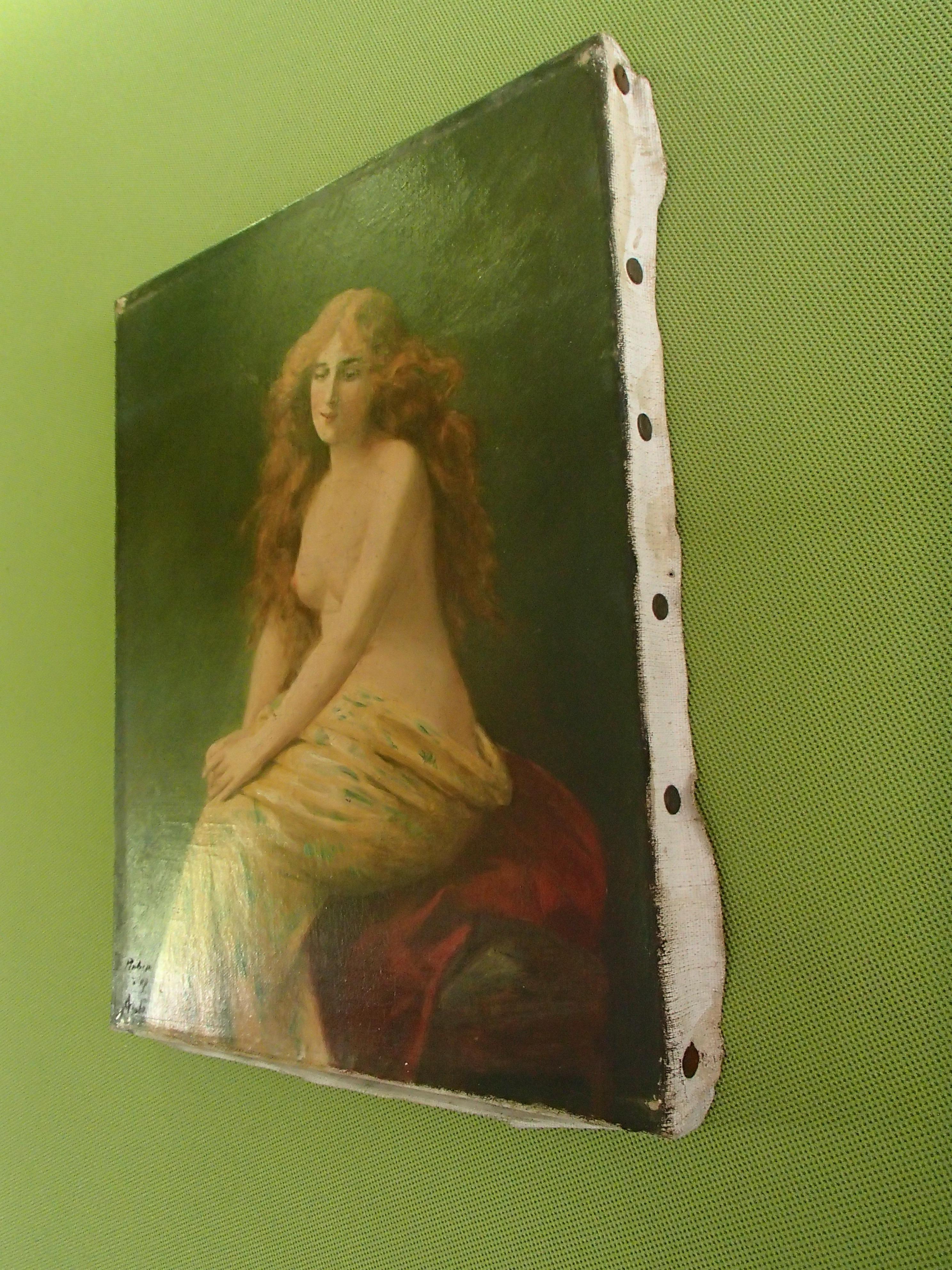 19. Jahrhundert, Öl auf Leinwand, Gemälde einer jungen Dame mit rotem Haar, halber Akt (Art nouveau) im Angebot