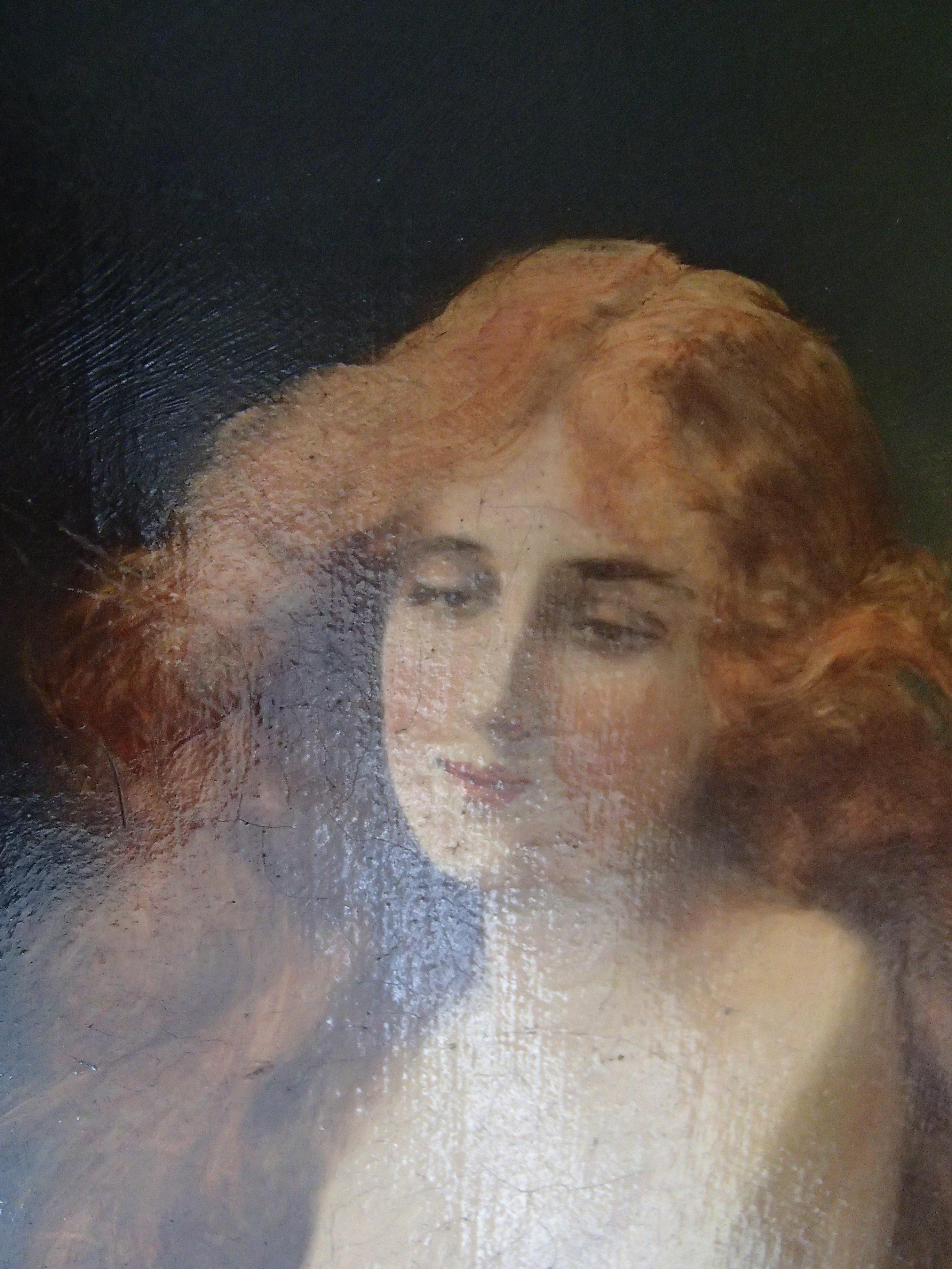 19. Jahrhundert, Öl auf Leinwand, Gemälde einer jungen Dame mit rotem Haar, halber Akt im Angebot 1
