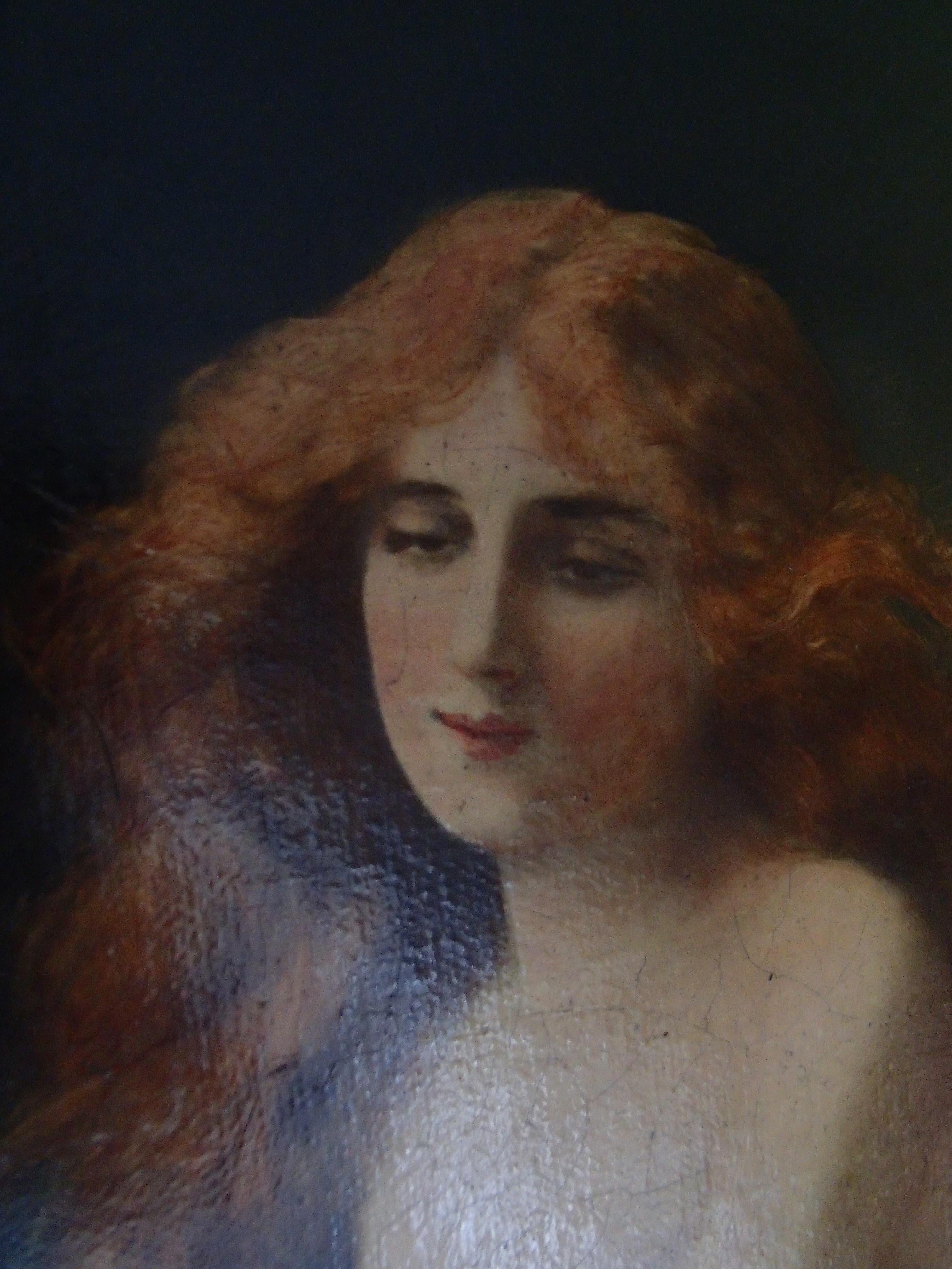 19. Jahrhundert, Öl auf Leinwand, Gemälde einer jungen Dame mit rotem Haar, halber Akt im Angebot 2