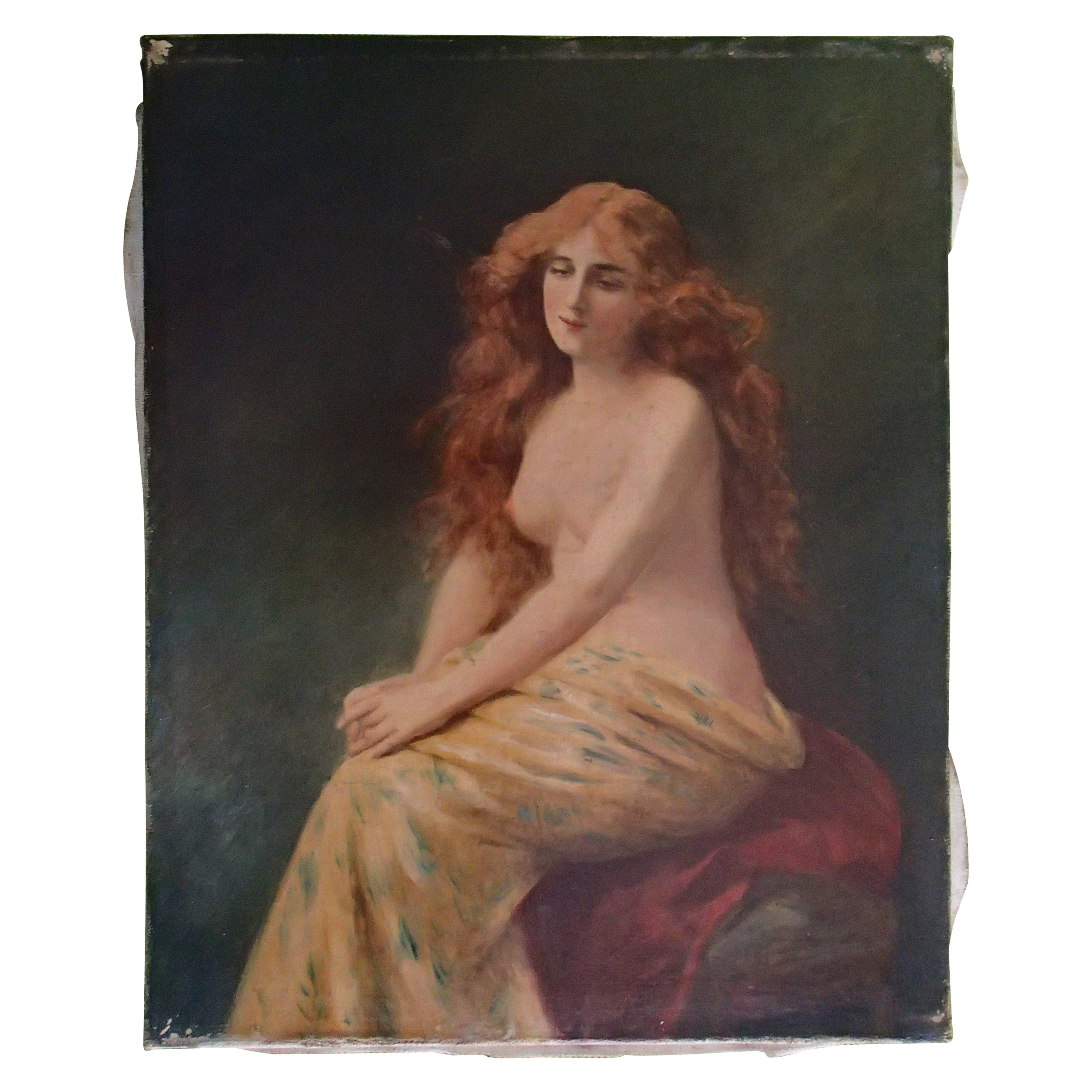 Peinture à l'huile sur toile du XIXe siècle, jeune femme aux cheveux rouges, demi-nue