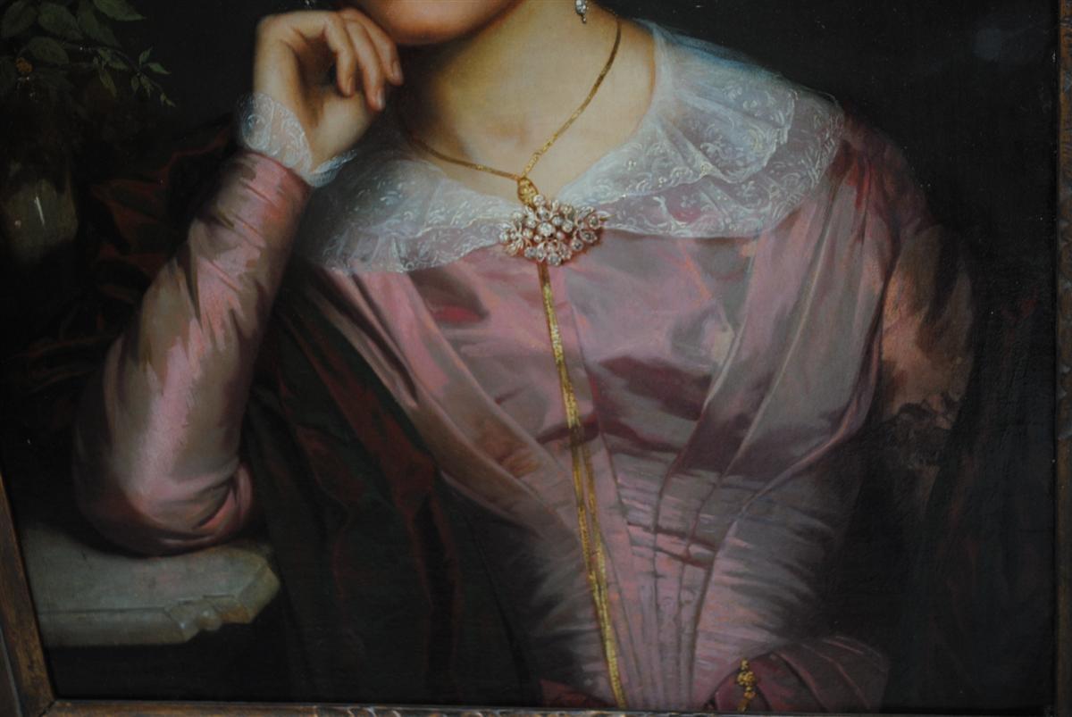 Portrait of a young woman. Oil painting on canvas mounted on cardboard of Antoine Dominique Magaud (1817-1899), dated 1844. The painter very famous in Marseille under the Second Empire was known for his historical paintings. His paintings has been