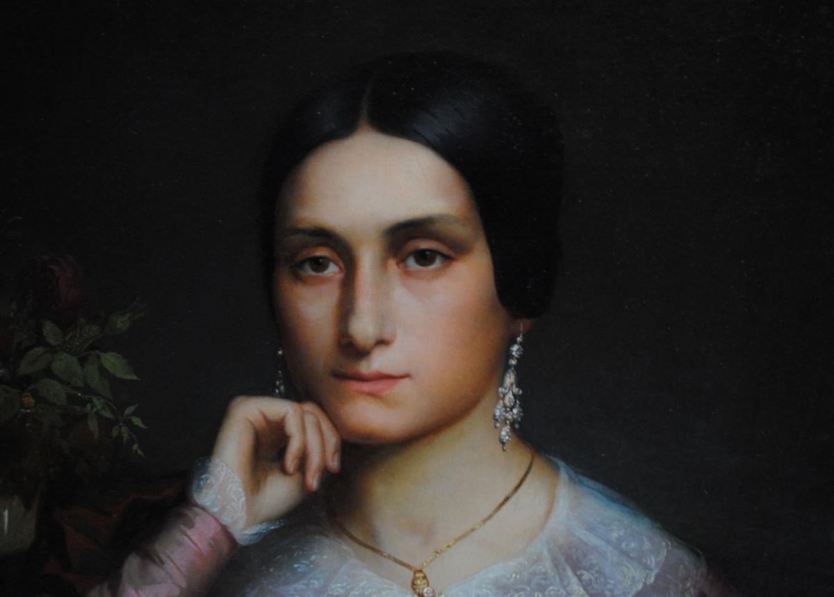 Hand-Painted 19th Century Oil on Canvas Portrait by AD Magaud