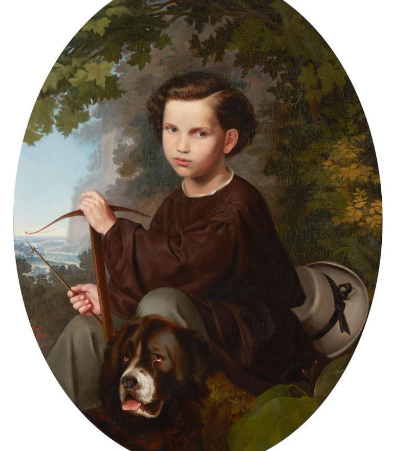 Lovely 19th century oil on canvas portrait of a boy and dog. Seated at the foot of a tree holding a bow and arrow in his hand, his St, Bernard beside him, with a view to the fields and mountains beyond. 
Signed and dated 1858. 
Signed Adolf