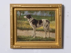 19th Century Oil on Canvas Portrait of a Hunting Dog in Landscape, Signed