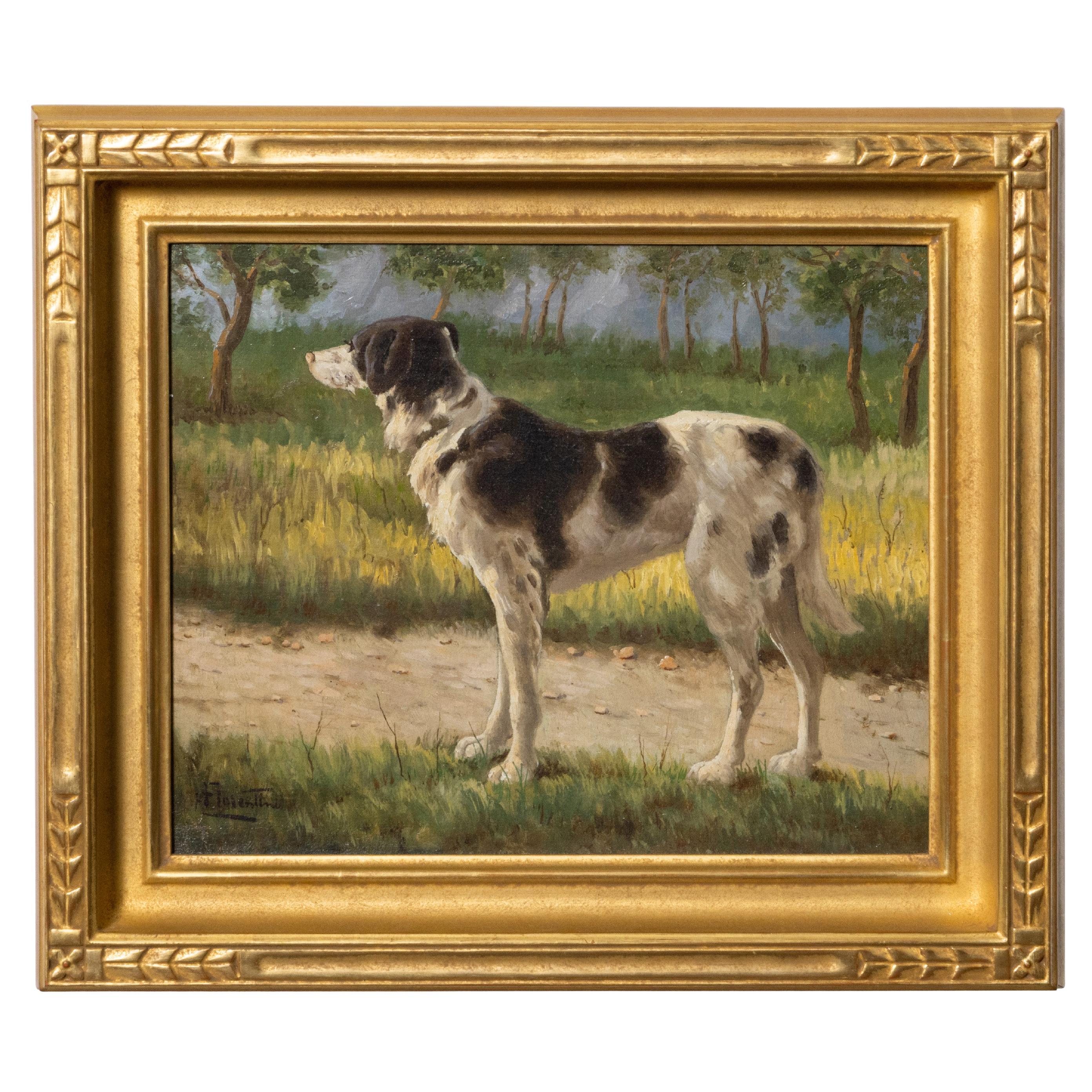 19th Century Oil on Canvas Portrait of a Hunting Dog in Landscape, Signed