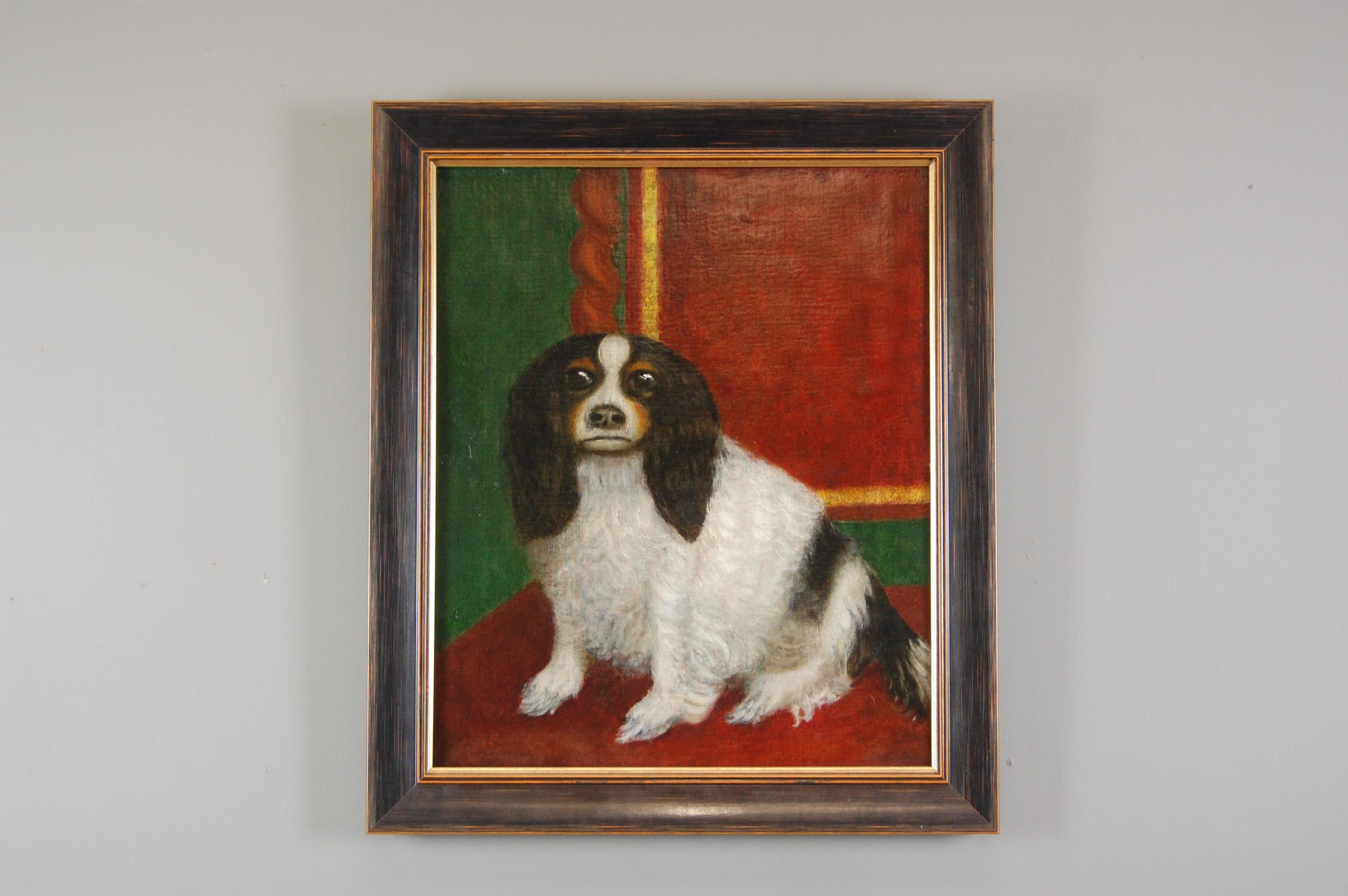 A charming large naive portrait of a King Charles Spaniel. Seated on a red plush velvet barley twist chair. Against typical late 19th century dark green walls. Framed and Cleaned
19th century oil on canvas.