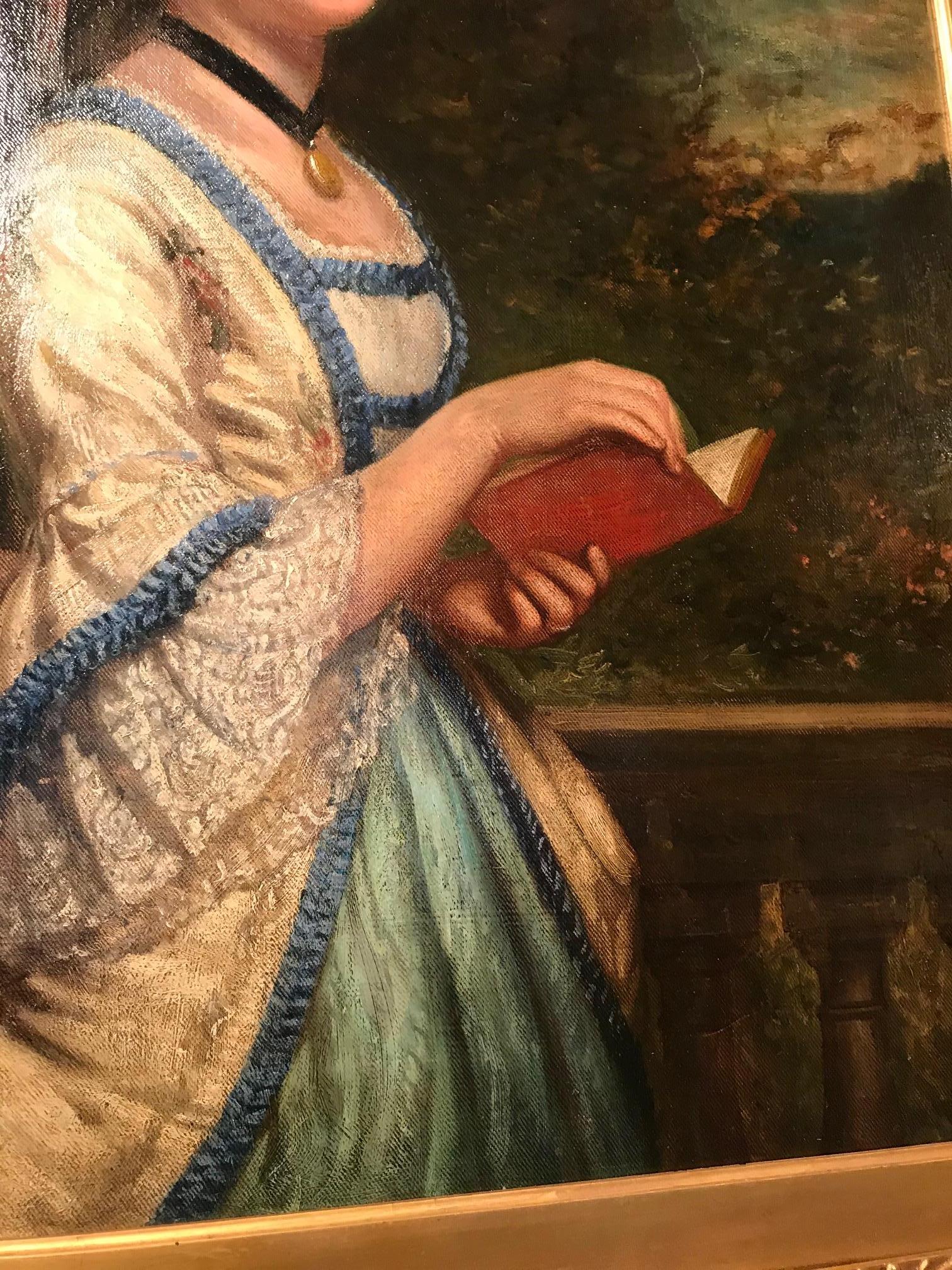 19th Century oil on canvas portrait of a lady reading set within Neoclassical garden scene.
Unsigned