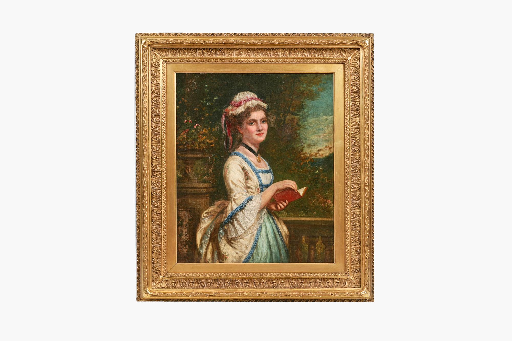 European 19th Century Oil on Canvas Portrait of a Lady Reading For Sale