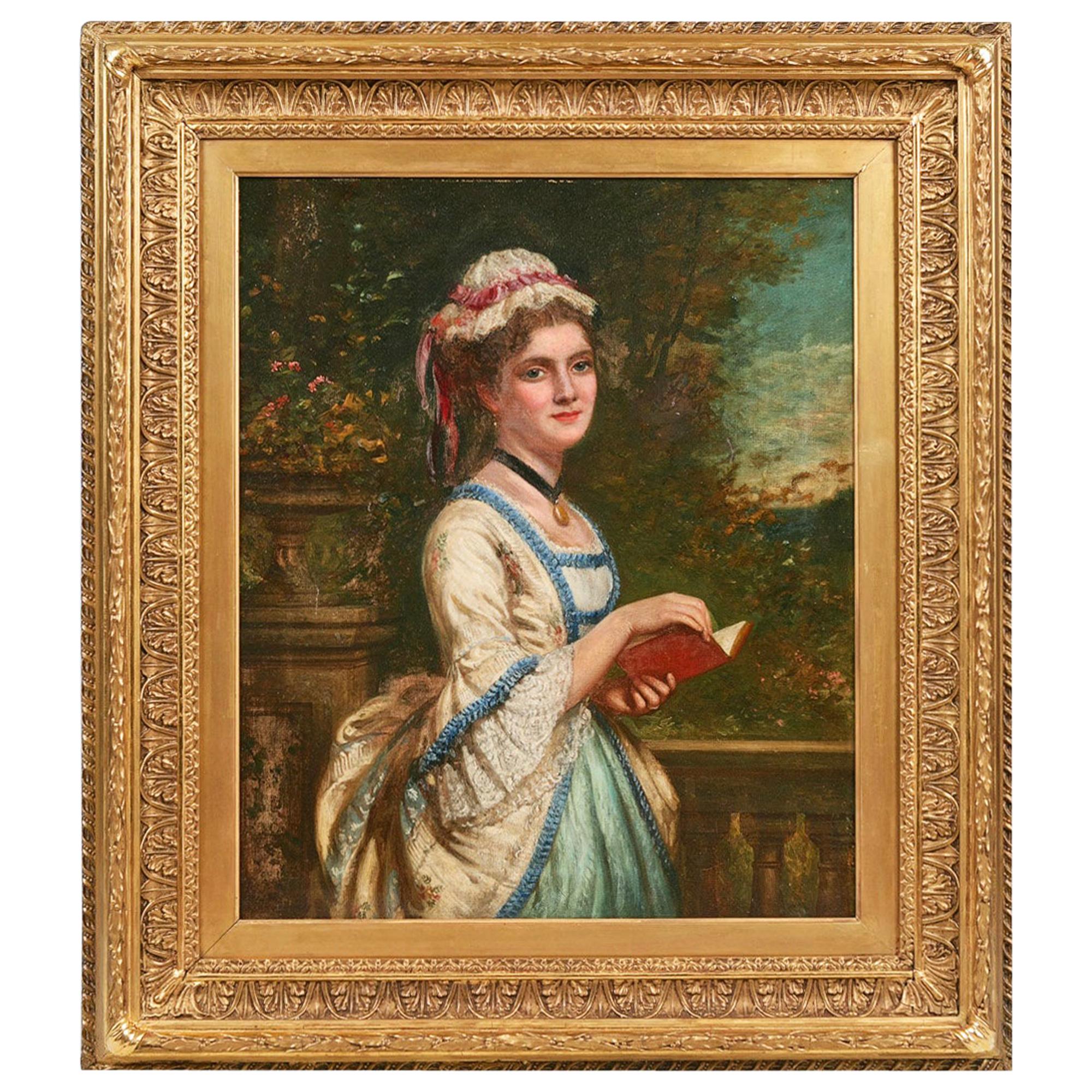 19th Century Oil on Canvas Portrait of a Lady Reading