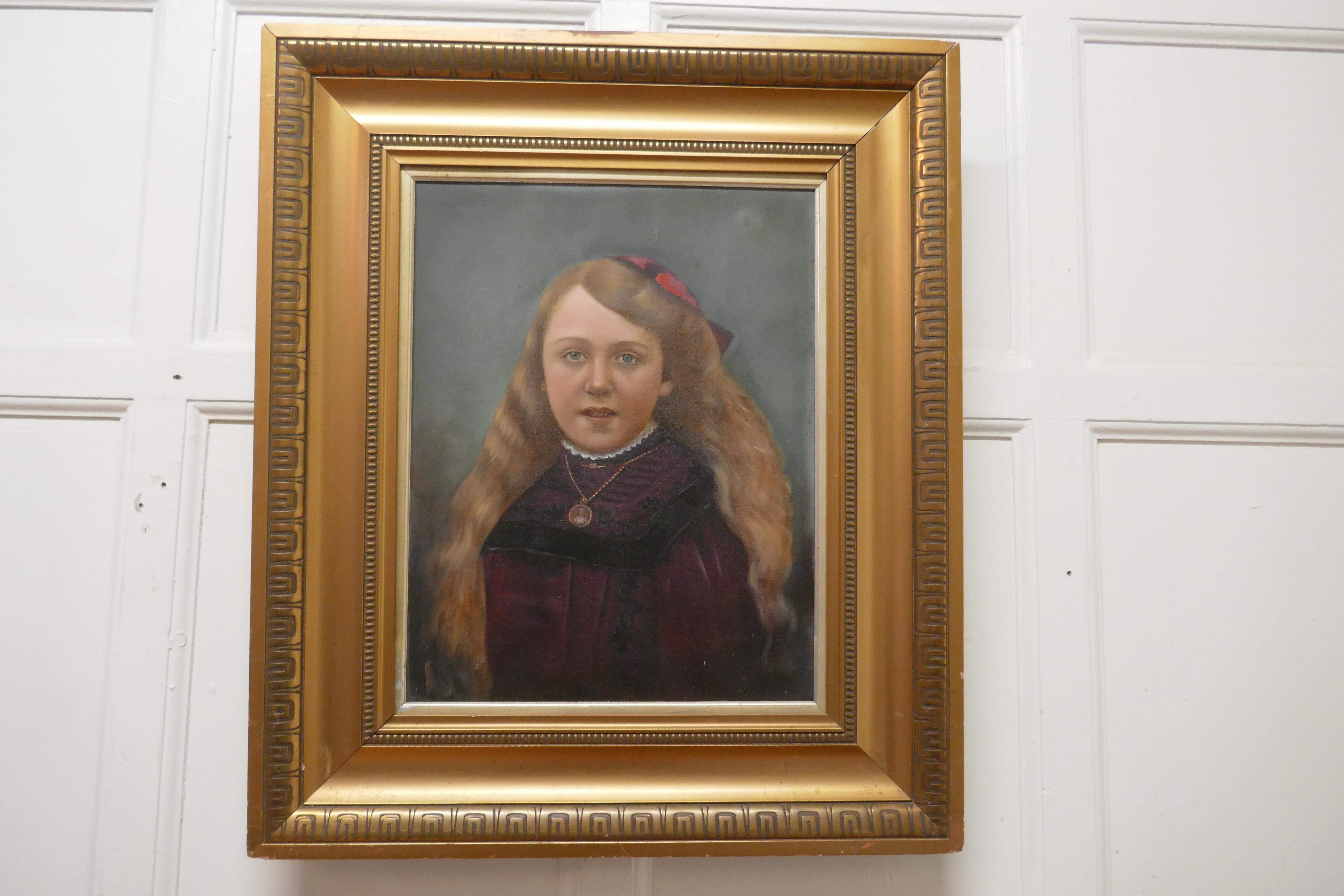 19th century oil on canvas portrait of a young girl

A Delightful portrayal of a young girl she is seated wearing Purple and Lace with a Gold Locket, going by the costume we can take the date to be around 1870
The painting is well executed and it