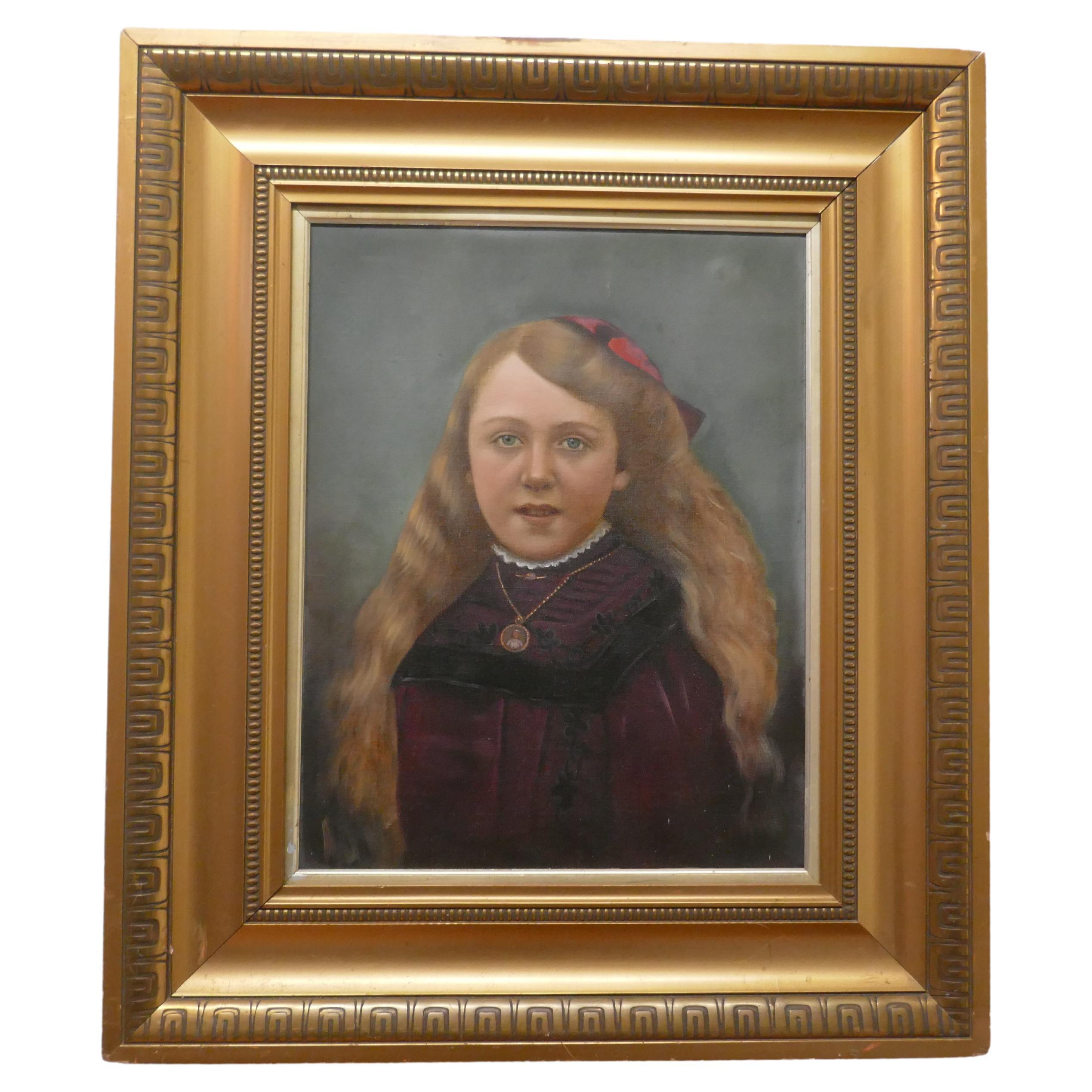 19th Century Oil on Canvas Portrait of a Young Girl For Sale
