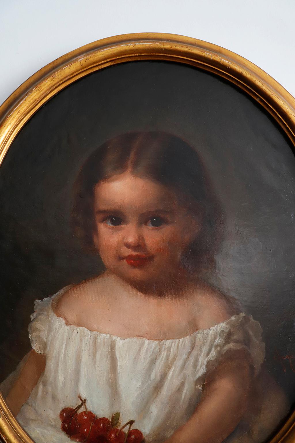 Signed and dated 1873. We offer this 19th century oil on canvas portrait of little girl with cherries.