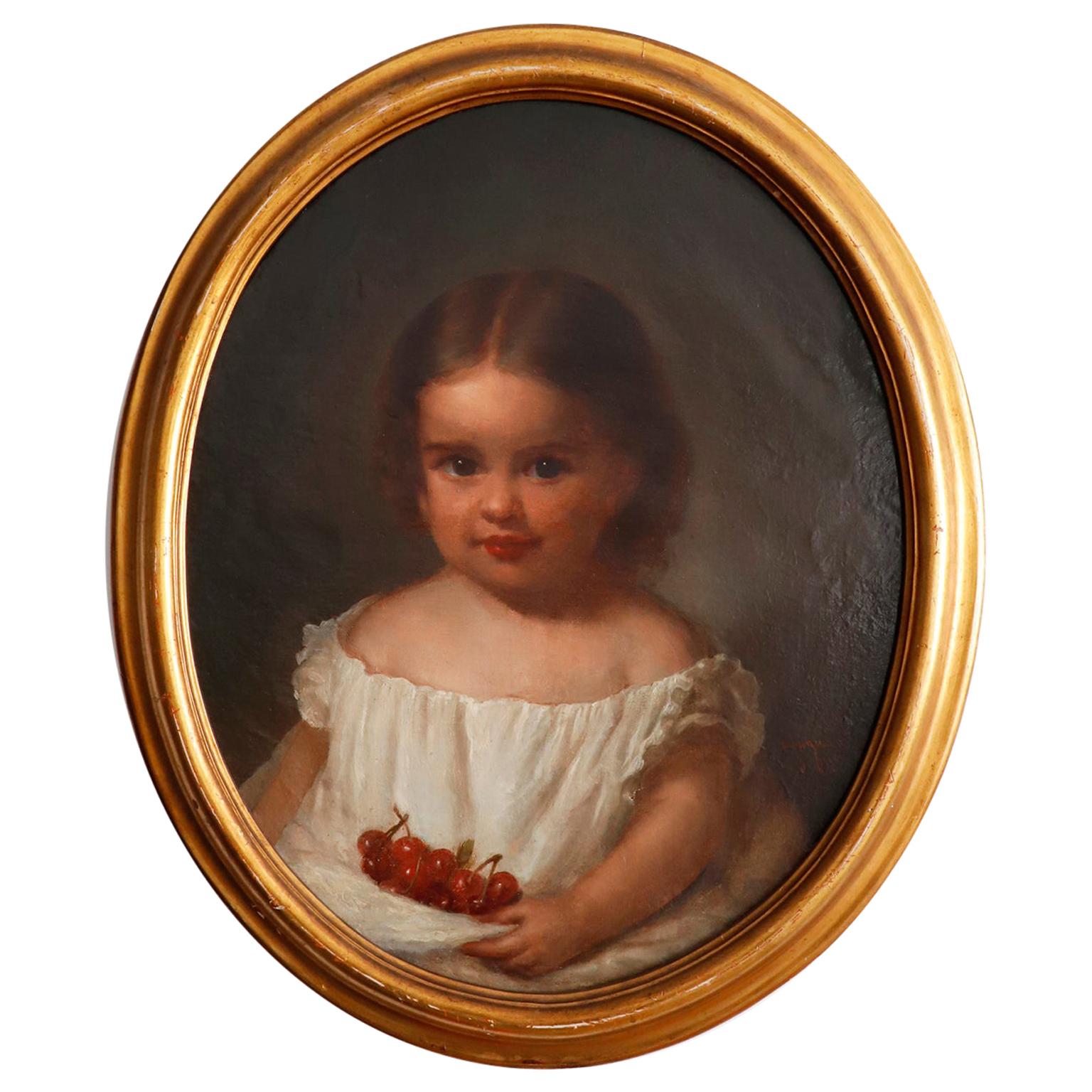 19th Century Oil on Canvas Portrait of Little Girl with Cherries