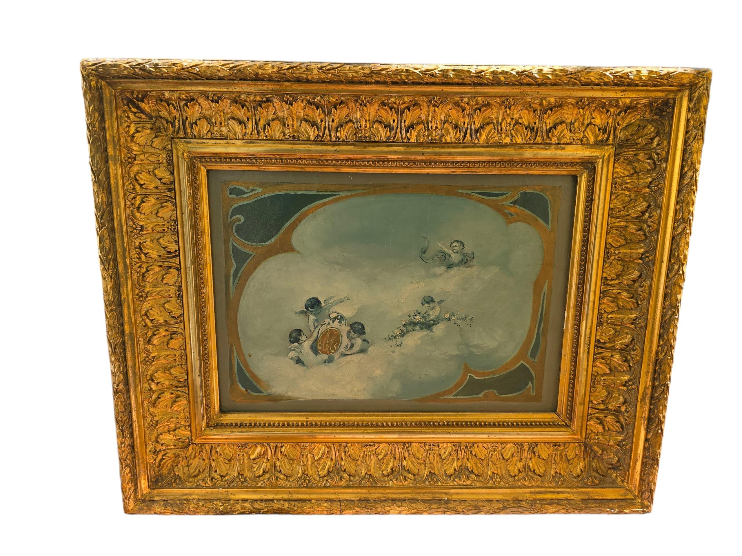 Raffiniertes Öl auf Leinwand aus dem 19. Jahrhundert, das eine vorbereitende Studie für eine größere Komposition darstellt und einen Einblick in den kreativen Prozess und die Technik des Künstlers bietet.
Das Gemälde, das in seinem ursprünglichen