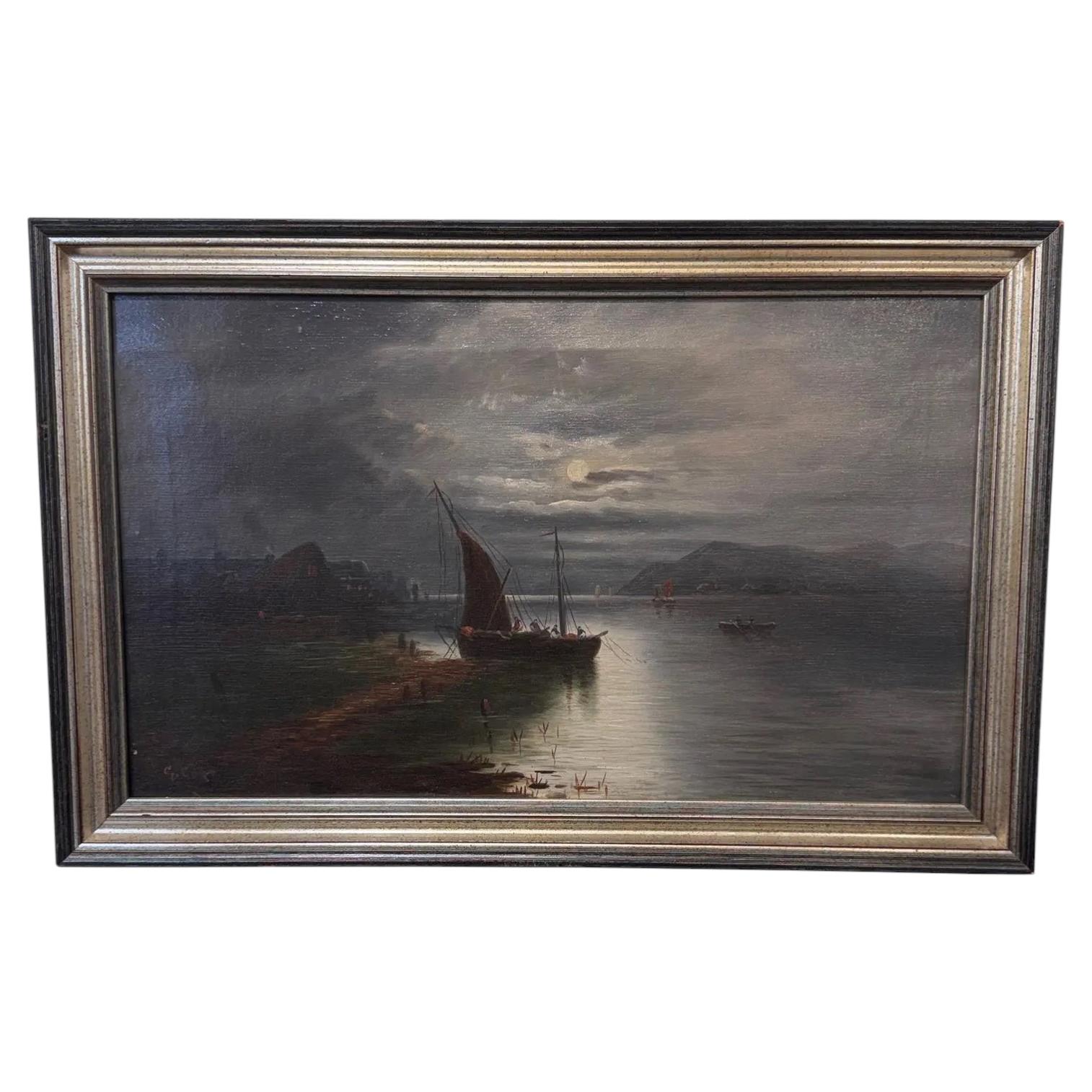 19th Century Oil on Canvas "Sailin' Under Moonlight"