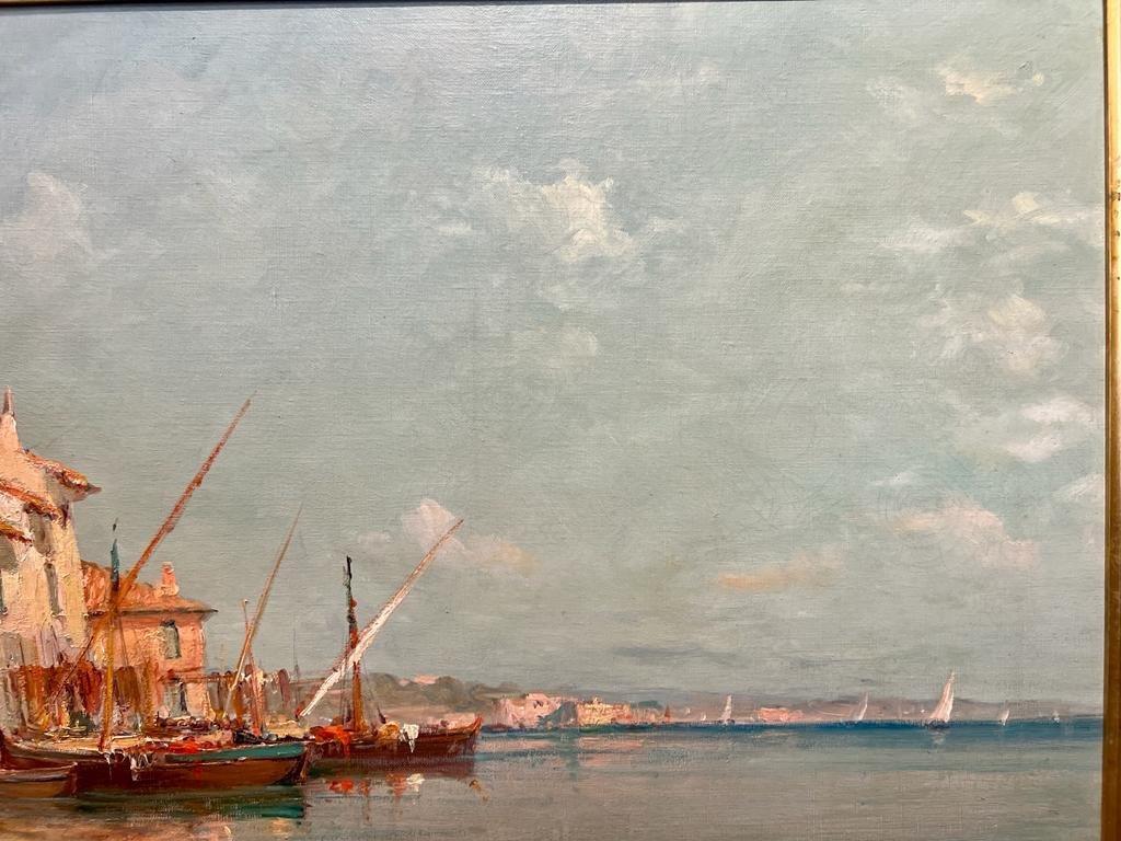 Oiled 19th Century Oil on Canvas Seascape 'View of Martigues' by Charles Malfroy  For Sale