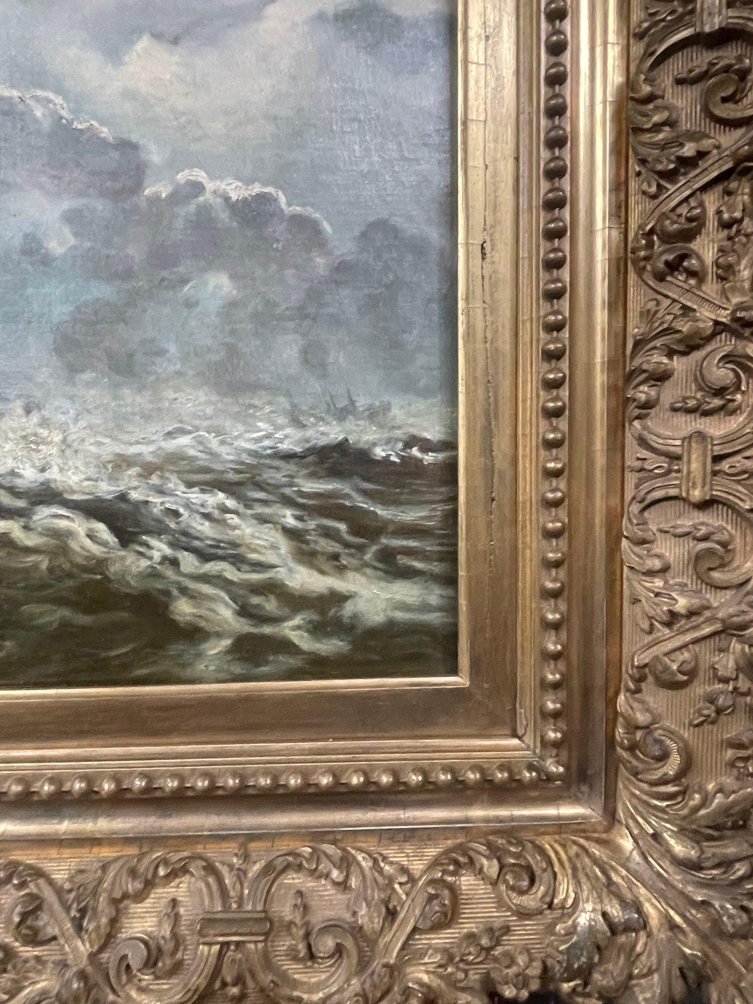 A dramatic 19th-century oil on canvas seascape depicting a lighthouse standing as a beacon amidst turbulent seas and a moody, cloud-filled sky. The artist masterfully captures the movement of crashing waves and the stormy atmosphere, evoking the