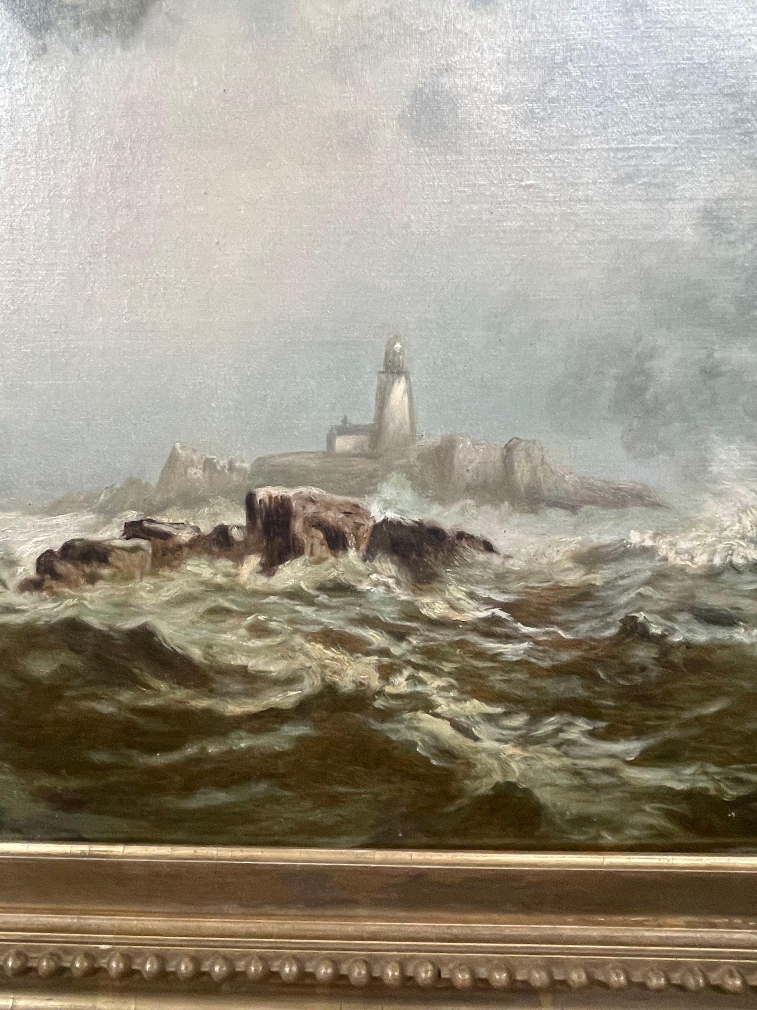 19th Century Oil on Canvas Seascape with Lighthouse. In Good Condition For Sale In Los Angeles, CA