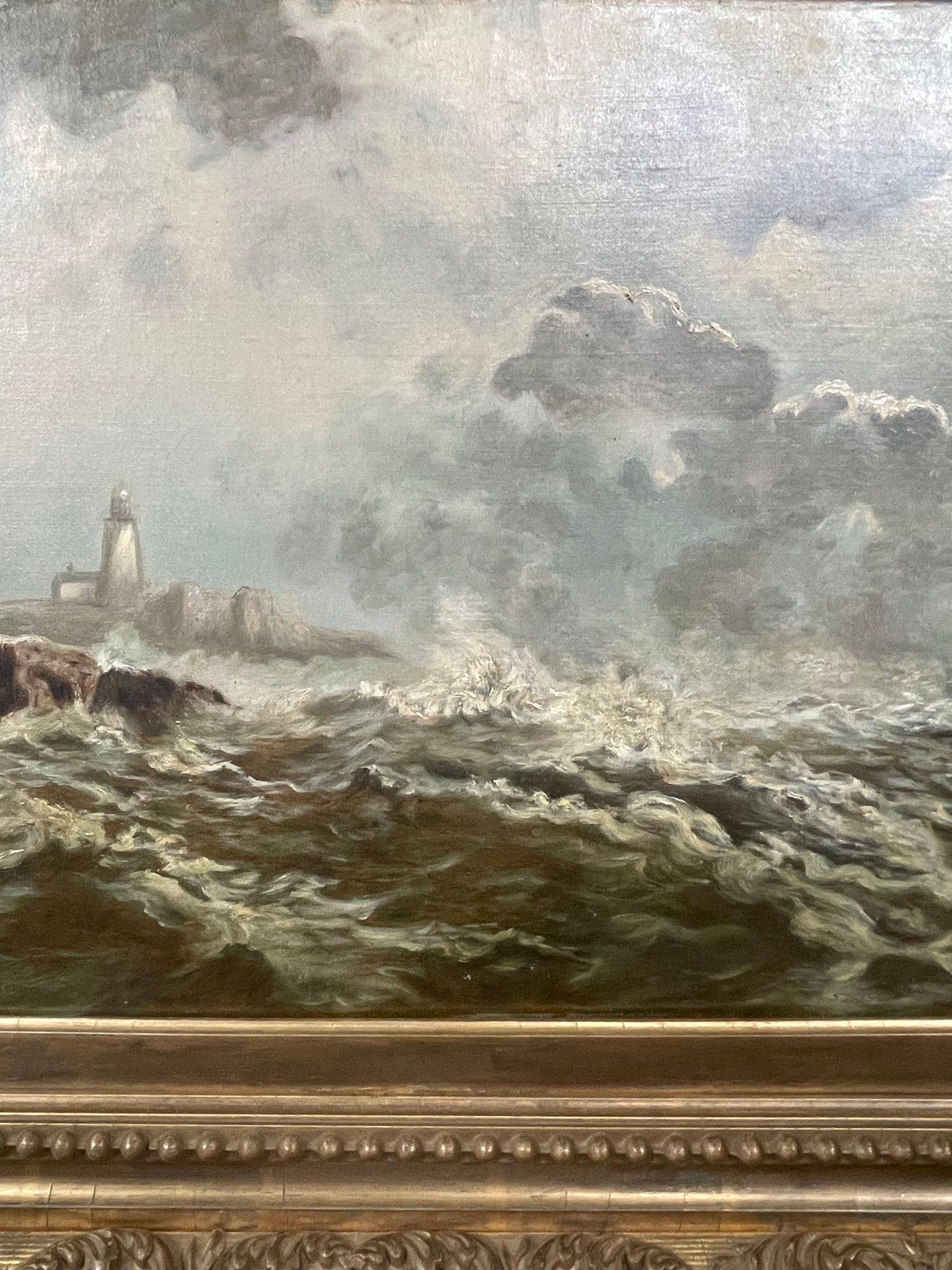19th Century Oil on Canvas Seascape with Lighthouse. For Sale 1