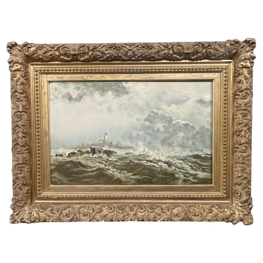 19th Century Oil on Canvas Seascape with Lighthouse.
