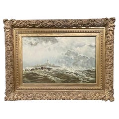 19th Century Oil on Canvas Seascape with Lighthouse.