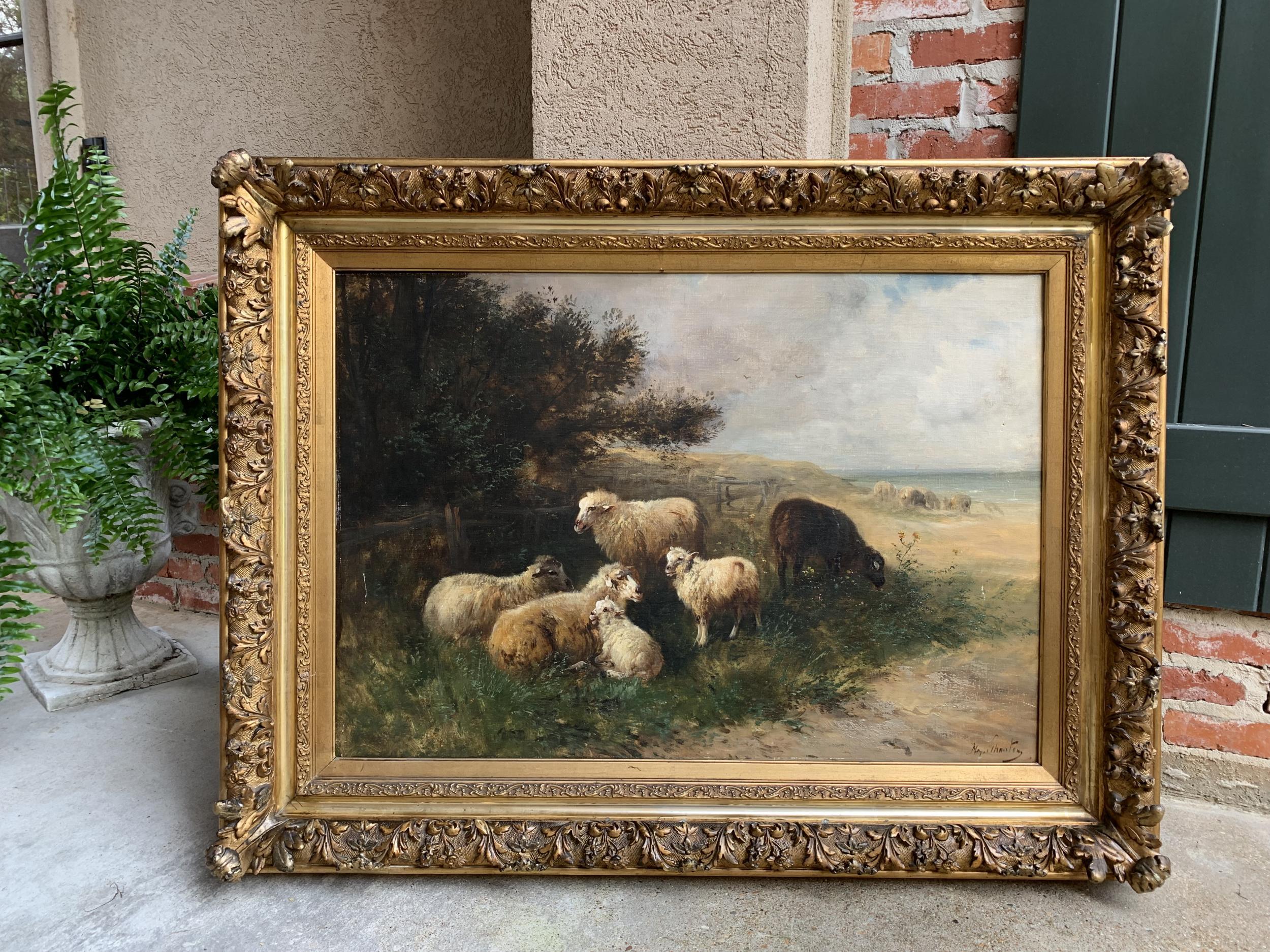 19th Century Oil on Canvas Sheep, Landscape Henry Schouten Large Gilt Wood Frame 5