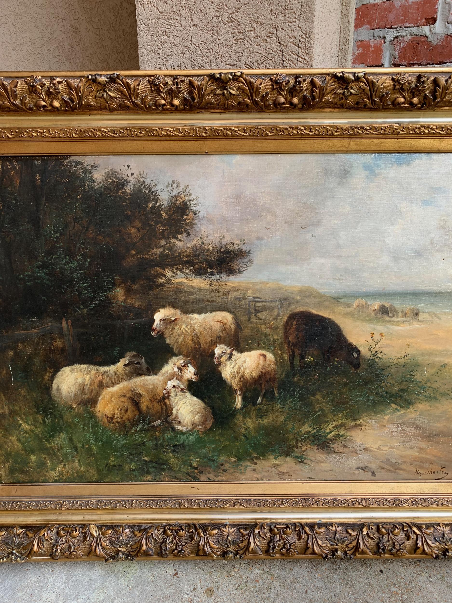 19th Century Oil on Canvas Sheep, Landscape Henry Schouten Large Gilt Wood Frame 7