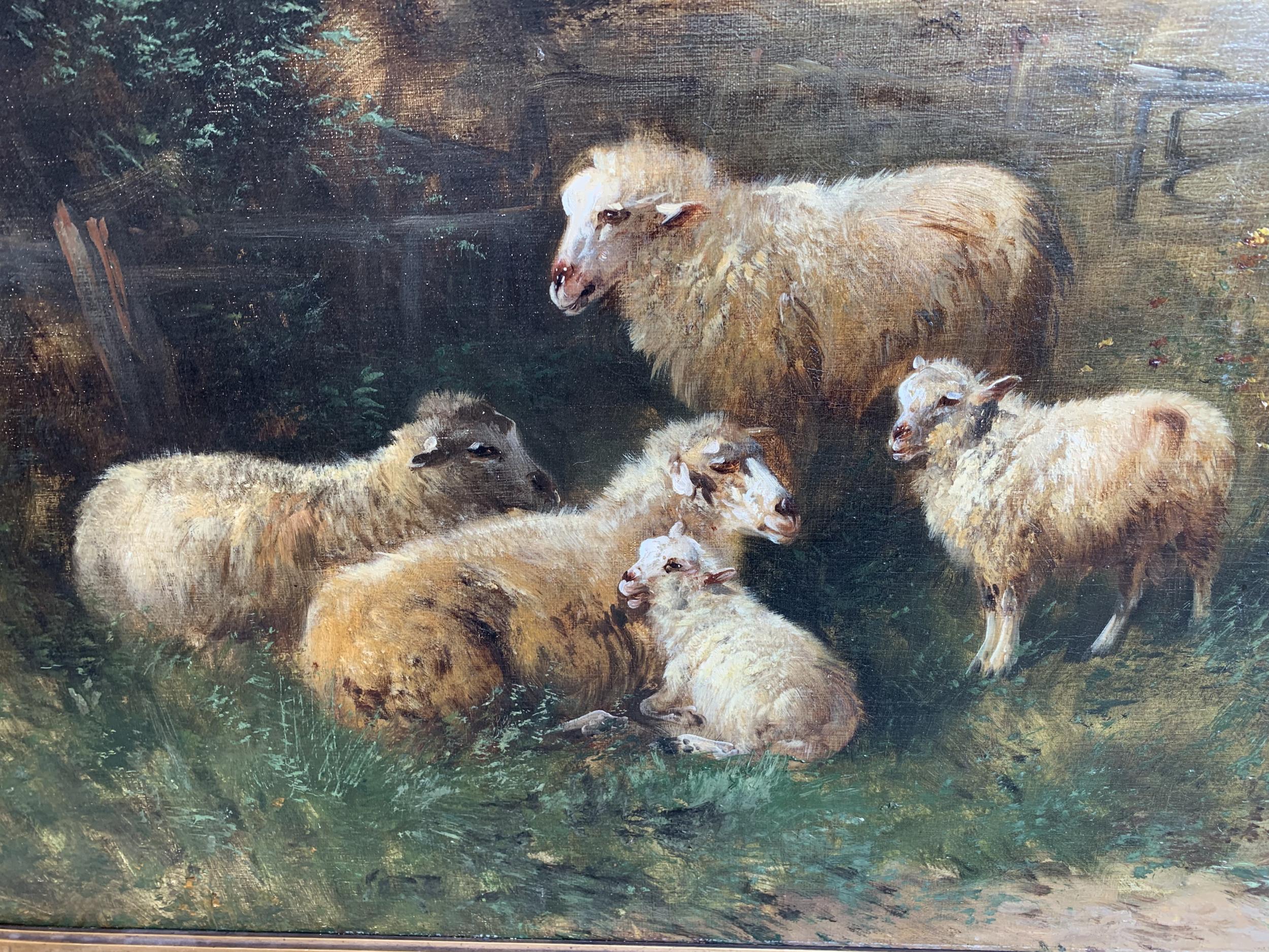 Belgian 19th Century Oil on Canvas Sheep, Landscape Henry Schouten Large Gilt Wood Frame