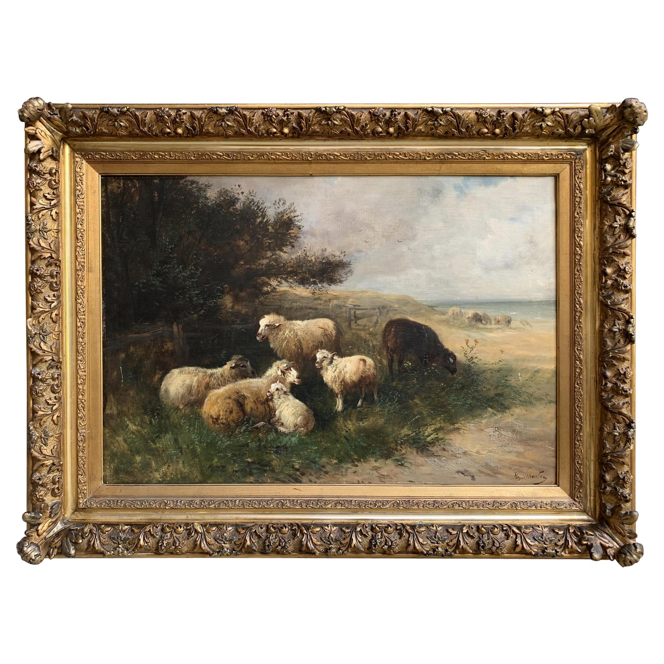 19th Century Oil on Canvas Sheep, Landscape Henry Schouten Large Gilt Wood Frame