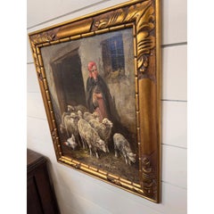 19th Century Oil on Canvas "Shepherdess With Flock"