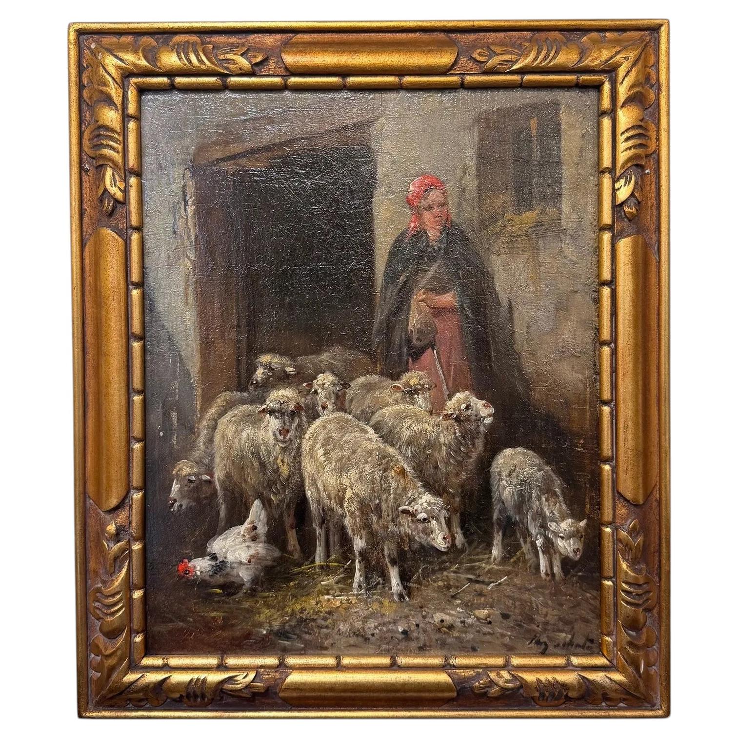 Olio su tela del XIX secolo "Pastora con gregge"