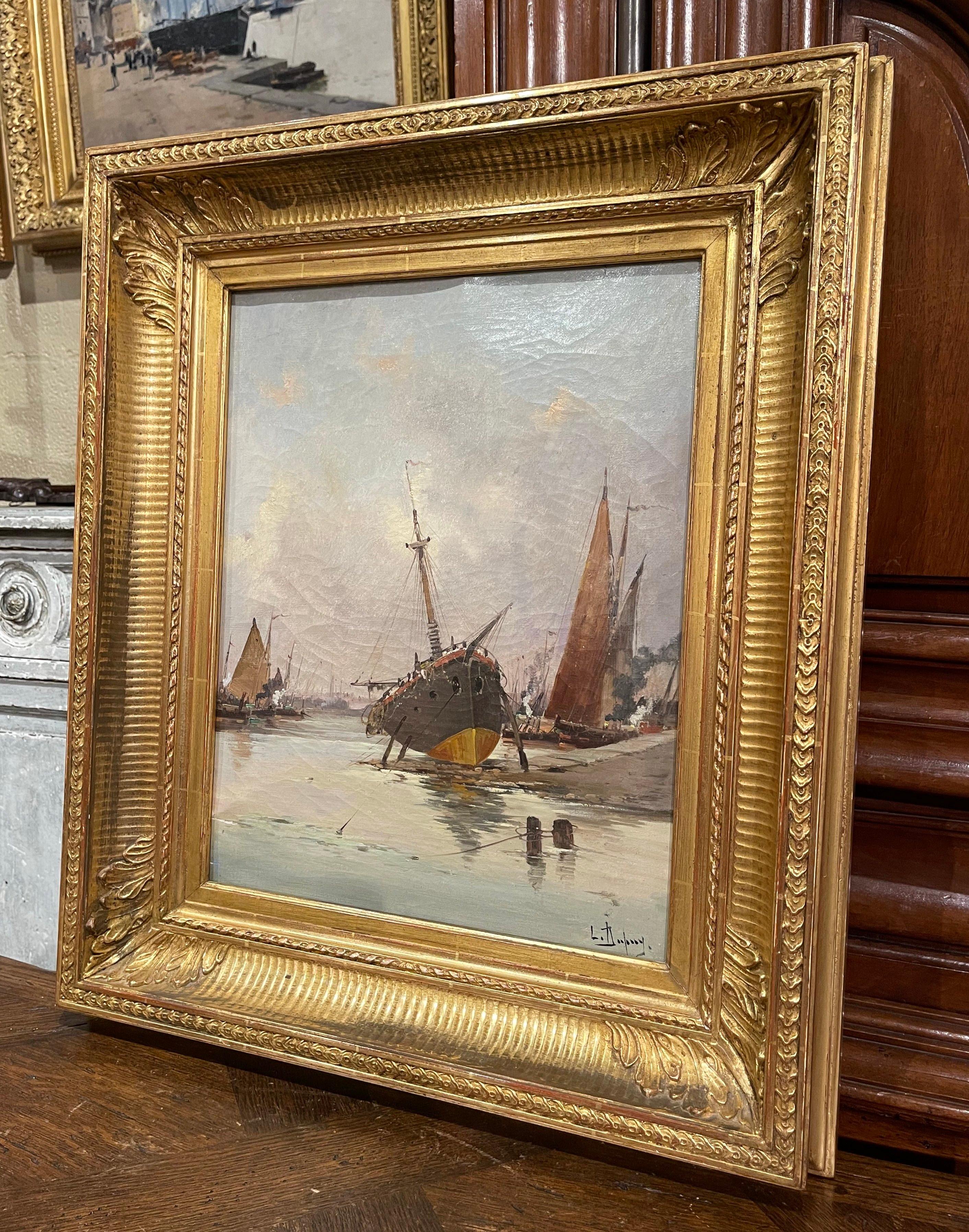 Decorate a study, living room or den with this beautiful and colorful antique oil on canvas painting! Painted in France circa 1890, the artwork is set in the original carved gilt wood frame; it illustrate a picturesque, ocean-front port scene in
