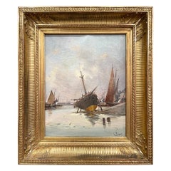 Peinture à l'huile sur toile de bateau du XIXe siècle signée E. Dupuy pour E. Galien-Laloue